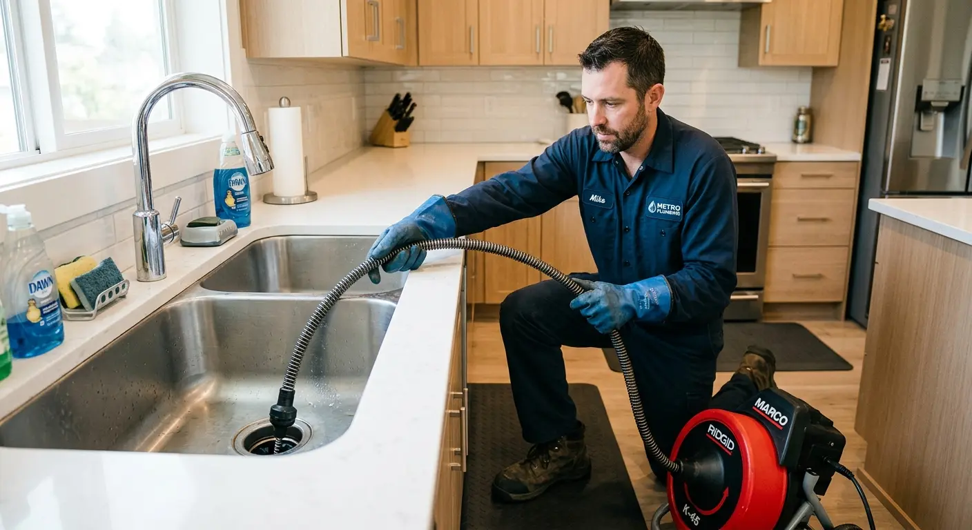 Drain cleaning technician using a motorized snake on a kitchen sink in Glen Carbon