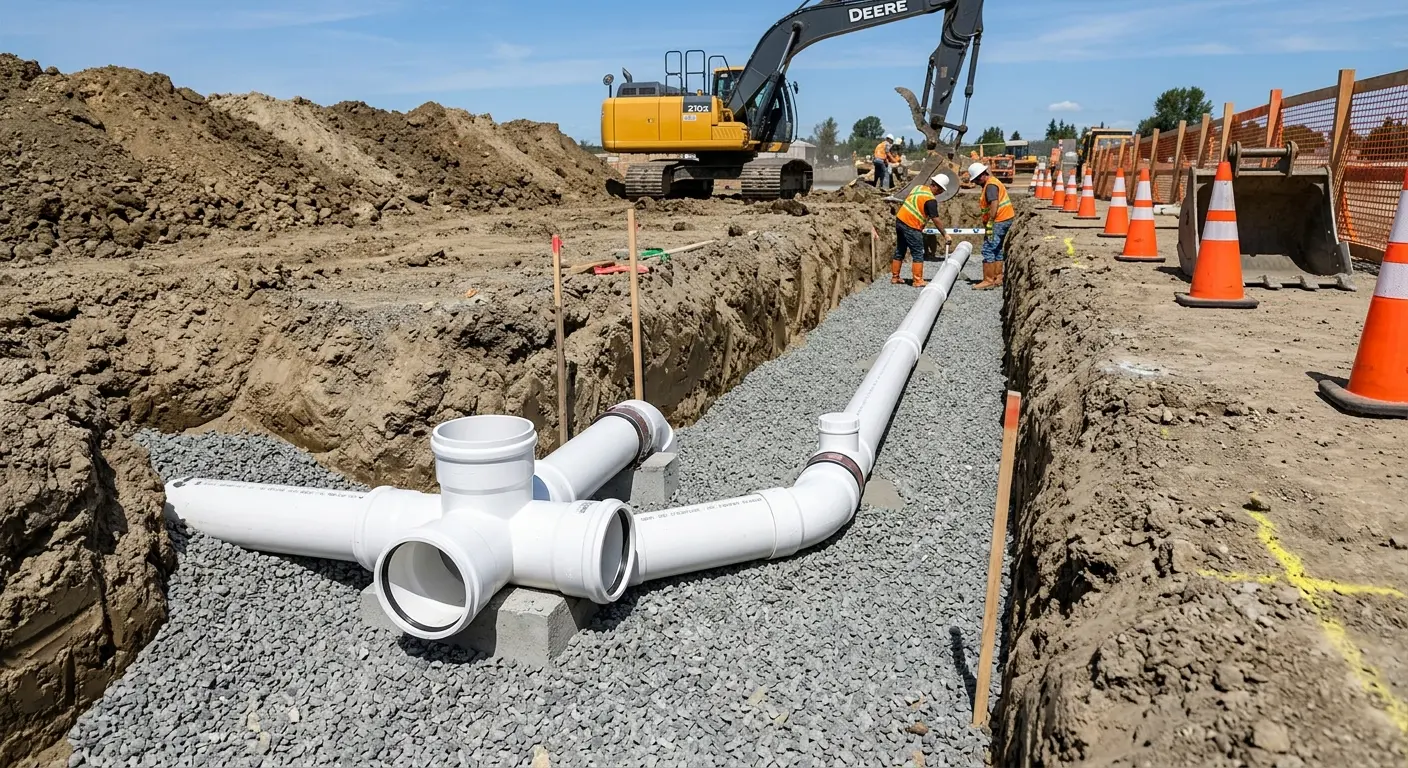 New PVC sewer pipe installation in open trench for Commercial Drain Cleaning in Glen Carbon