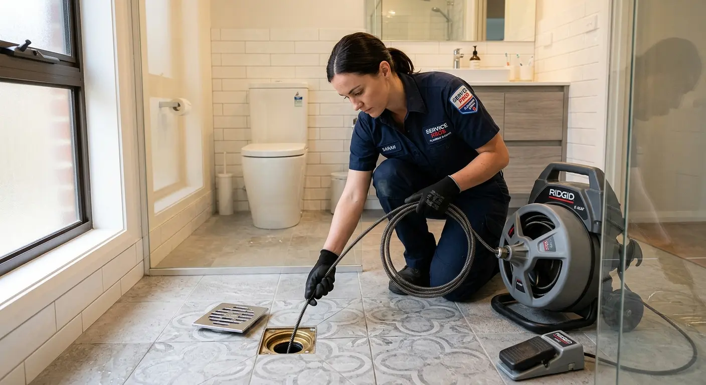 Technician clearing a bathroom floor drain for Sewer Line Installation in Glen Carbon